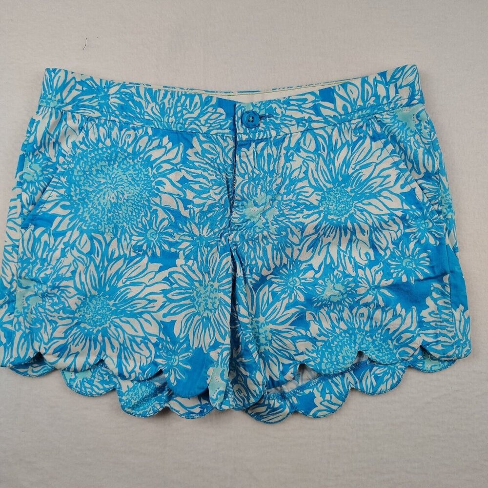 Lilly Pulitzer Ariel Blue Buttercup Shorts Womens Sz 0 Floral Scalloped Hem